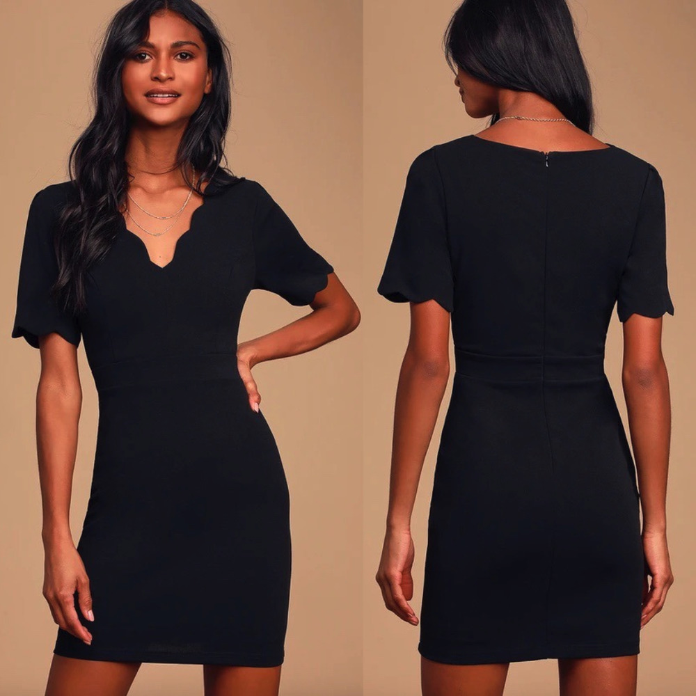 Lulus Truer Words Black Scalloped Short Sleeve Bodycon Mini Dress Size XS